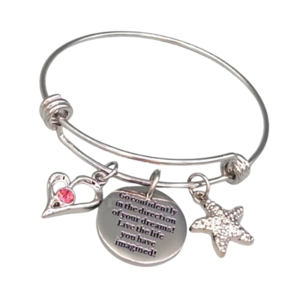Inspirational Silver Charm Bracelet with Heart, Starfish & Birthstone Bangle